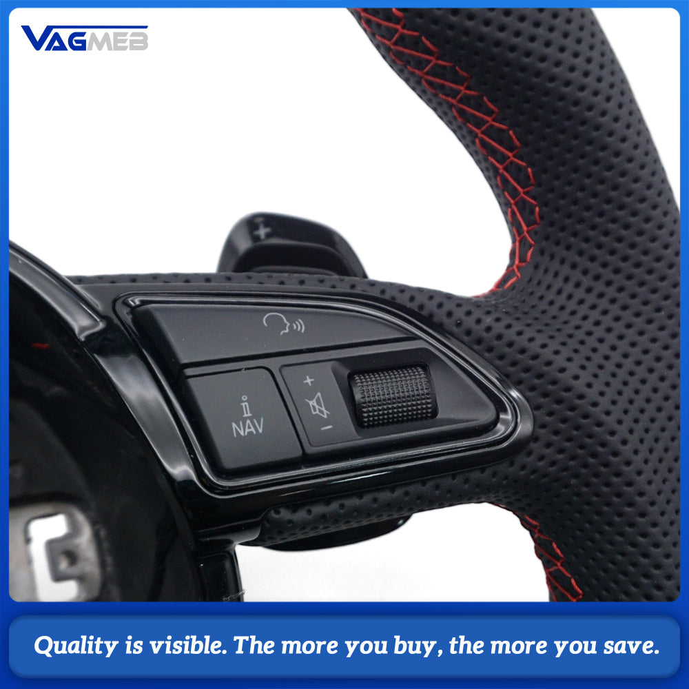 Car Sports Steering Wheel for Audi A4 B8 Carbon Fiber Half Perforated Leather Red Stitching With Multifunction Buttons & Gear Shift Paddles Modification Replacement Part