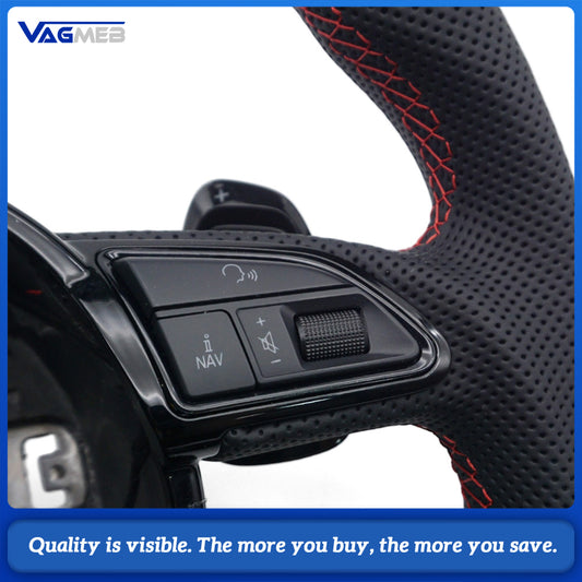 Car Sports Steering Wheel for Audi A4 B8 Carbon Fiber Half Perforated Leather Red Stitching With Multifunction Buttons & Gear Shift Paddles Modification Replacement Part