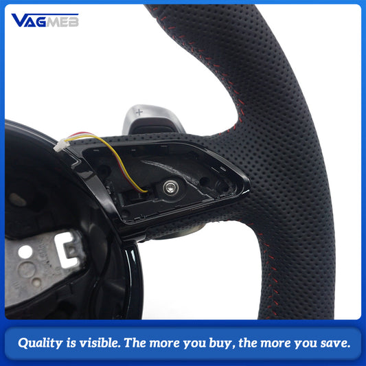 For Audi A4 B8 S-Line Sport Steering Wheel Heated Function Half Perforated Red Contrast Stitch Chrome Paddle Shifters No Buttons