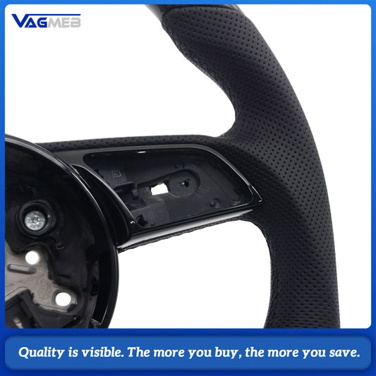 Flat Bottom Gloss Carbon Fiber Steering Wheel Half Perforated Leather Black M Tri-Color Stitch RS Badge 12 O'clock Marker Fit Audi A4 B9 S4 RS4