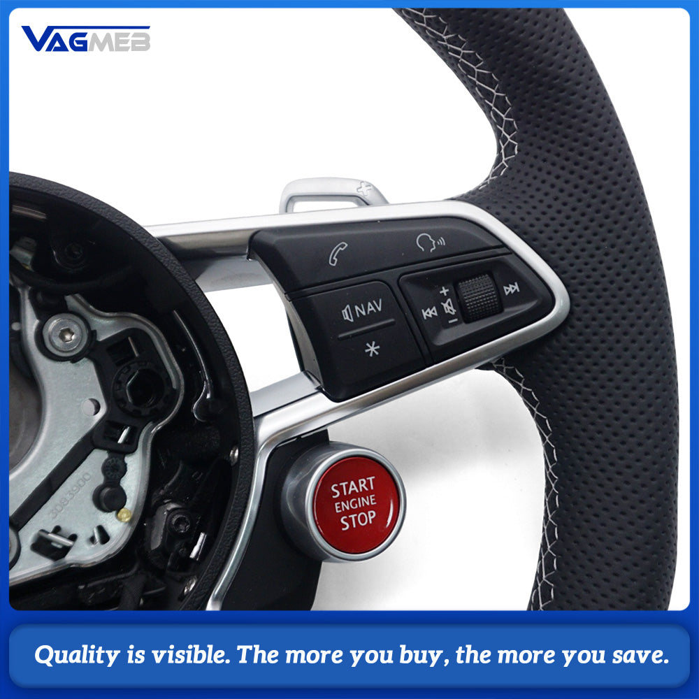 R8 Style Steering Wheel Semi‑Perforated Leather White Stitching With Paddle Shifters Full Multifunction R8 Satellite Buttons Hands‑Off Detection HOD For Audi R8
