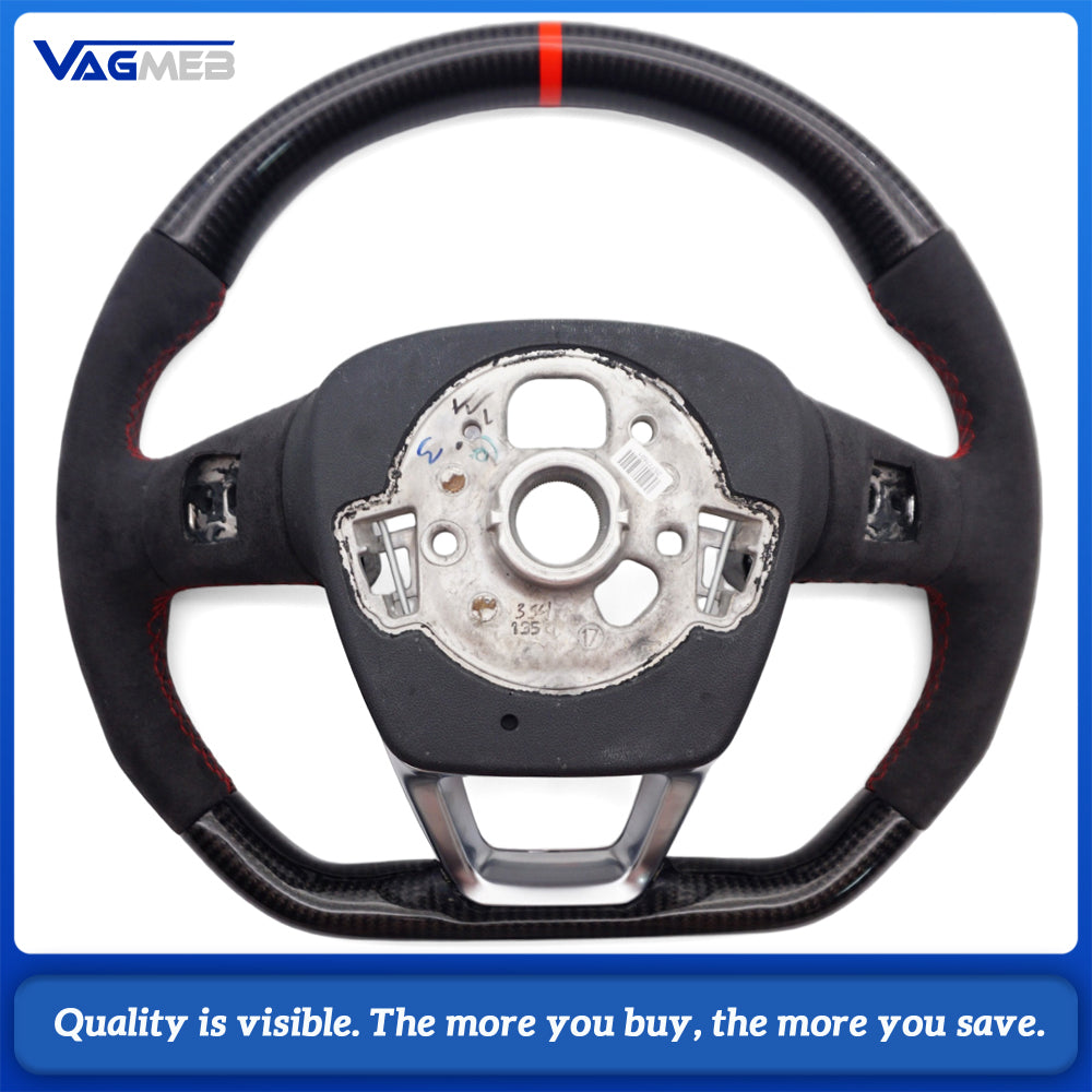 Carbon Fiber & Alcantara Flat Bottom Steering Wheel for Audi A4 B9 S4 S5 - Red Stitching Red Marker
