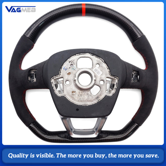 Carbon Fiber & Alcantara Flat Bottom Steering Wheel for Audi A4 B9 S4 S5 - Red Stitching Red Marker
