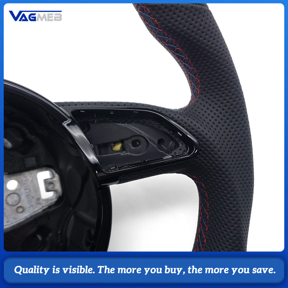 Semi‑Perforated Leather Steering Wheel Red‑Blue Stitching Black Center Mark Sculpted Flat‑Bottom No Paddle Shifters Buttons Not Included For Audi A4 B8