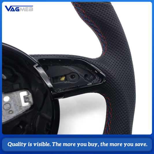 Semi‑Perforated Leather Steering Wheel Red‑Blue Stitching Black Center Mark Sculpted Flat‑Bottom No Paddle Shifters Buttons Not Included For Audi A4 B8
