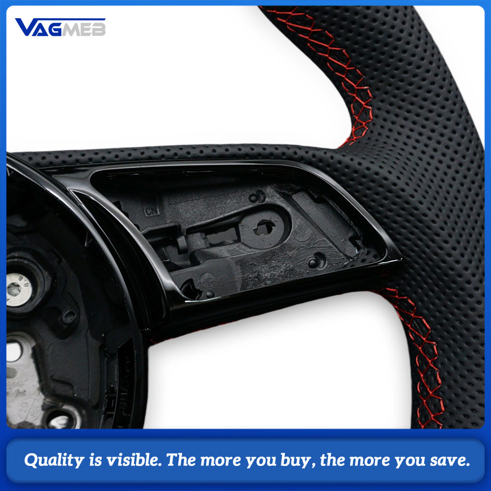 For Audi A4 B9 Steering Wheel, Top & Bottom Alcantara, Side Perforated Leather, Red Stitching, Red Center Marker, Contoured Design, Without Airbag