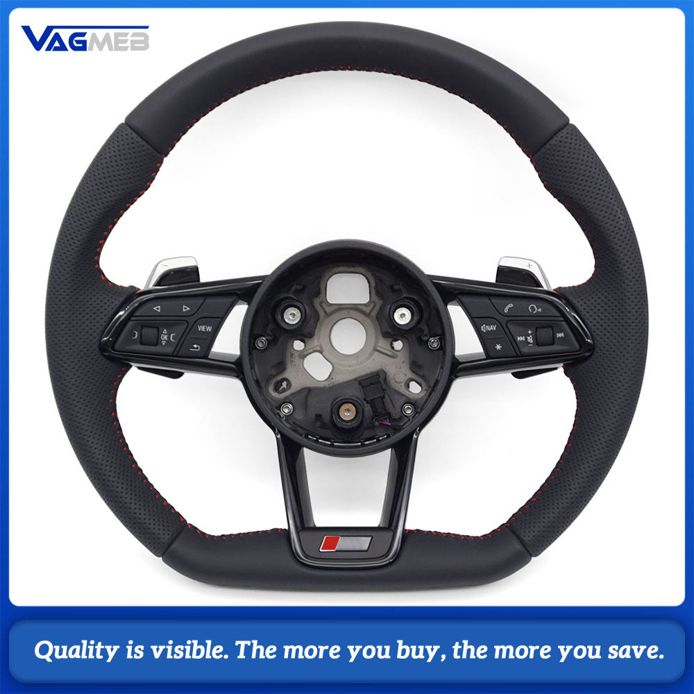 For Audi R8 Style RS Steering Wheel Half Perforated Red Stitch With Buttons & Shift Paddles