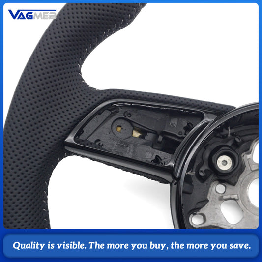 For Audi A4 B9 S Style Steering Wheel Half Punch Leather White Contrast Stitch Without Control Buttons