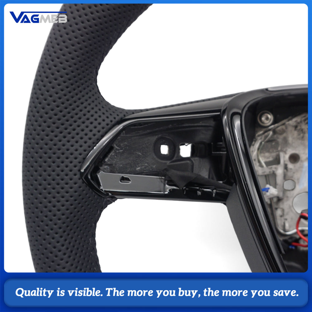 For Audi A6 C8 S Steering Wheel, Half Perforated Leather, Black Stitching, Red Marker, Heated, Flat Bottom