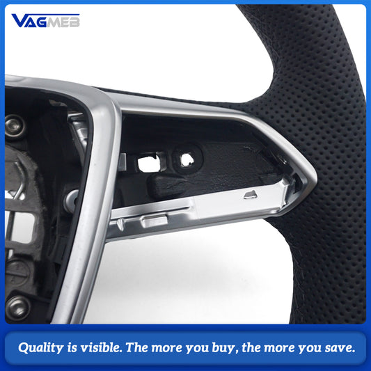 For Audi A6 C8 RS Sport Steering Wheel Genuine Leather Half Punch Black Sewing