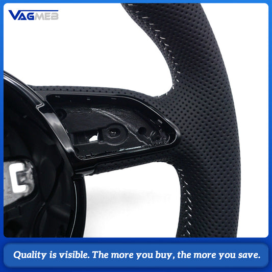 Sport Steering Wheel Semi‑Perforated Leather Grey Contrast Stitching White Center Mark No Paddle Shifters Buttons Not Included For Audi A4 B8