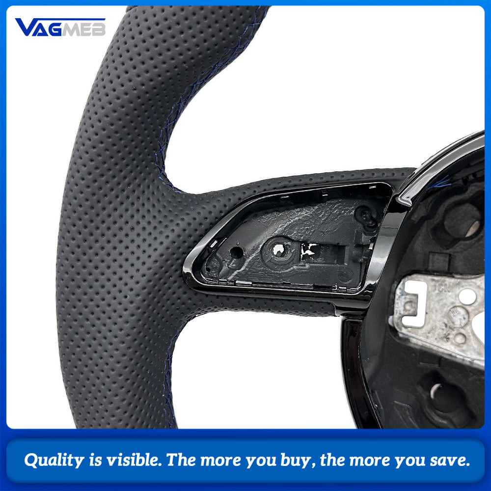Sculpted Flat‑Bottom Sport Steering Wheel Top & Bottom Alcantara Left‑Right Perforated Leather Blue Stitching Blue Center Mark No Paddles Buttons Not Included For Audi A4 B8