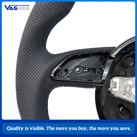 Sculpted Flat‑Bottom Sport Steering Wheel Top & Bottom Alcantara Left‑Right Perforated Leather Blue Stitching Blue Center Mark No Paddles Buttons Not Included For Audi A4 B8