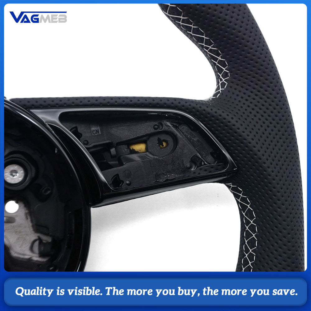 Sport Steering Wheel Semi‑Perforated Leather White Contrast Stitching White Center Mark No Paddle Shifters Buttons Not Included For Audi A4 B9
