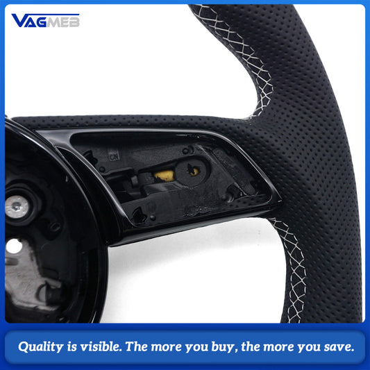 Sport Steering Wheel Semi‑Perforated Leather White Contrast Stitching White Center Mark No Paddle Shifters Buttons Not Included For Audi A4 B9
