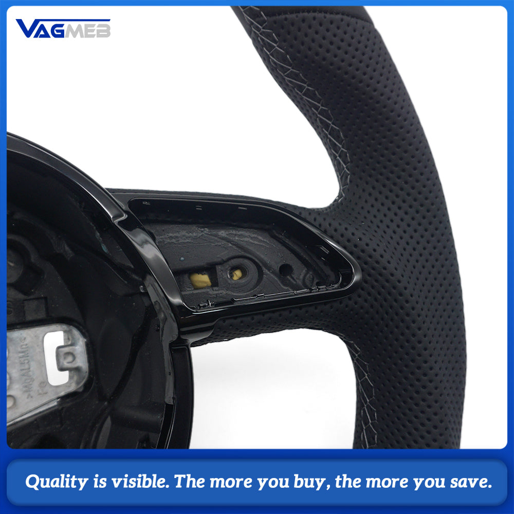 Flat Bottom Half Perforated Leather Steering Wheel Gray Stitch Black 12 O'clock Marker S Badge For Audi A4 B8 S4