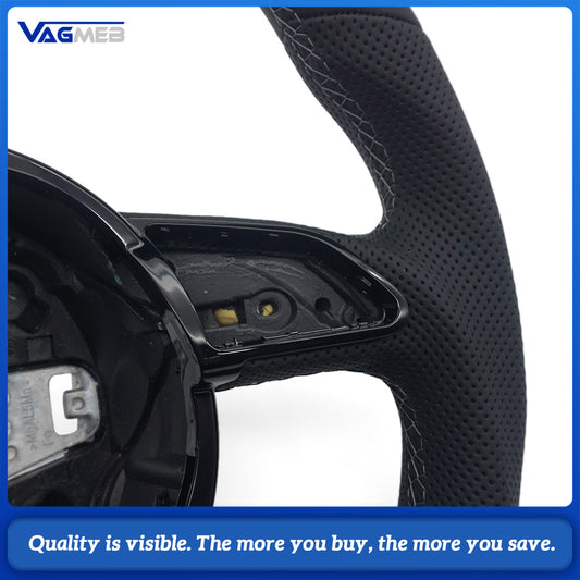 Flat Bottom Half Perforated Leather Steering Wheel Gray Stitch Black 12 O'clock Marker S Badge For Audi A4 B8 S4