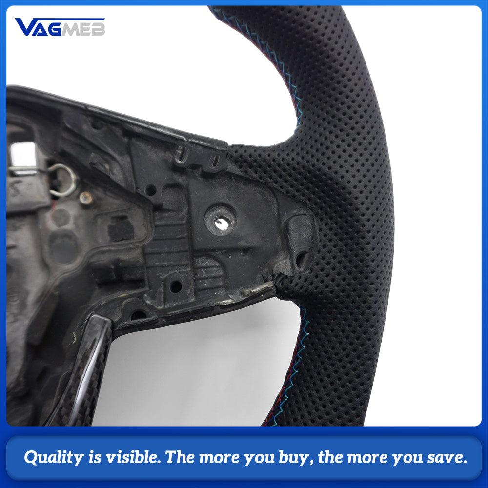 Custom Racing Flat Base Steering Wheel Carbon Fiber & Half Perforated Leather Blue Contrast Stitching For BMW X1 E84 F48