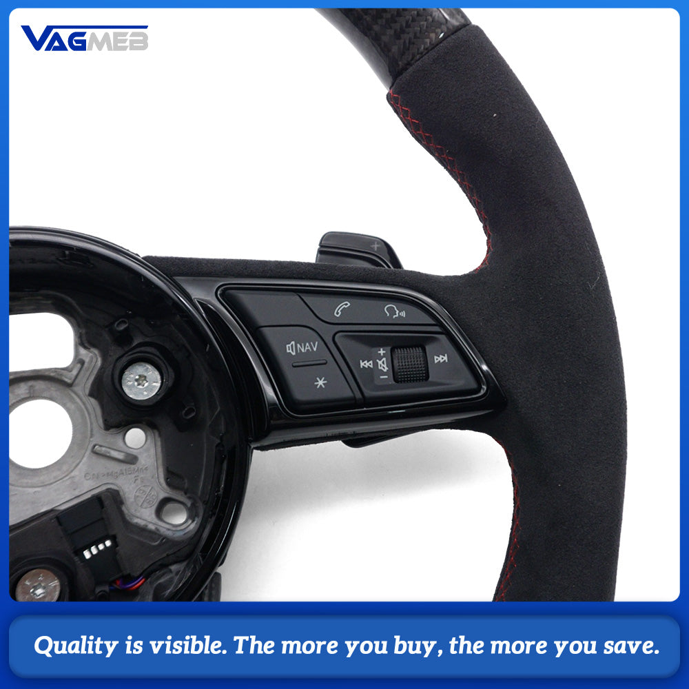 Carbon Fiber Semi‑Alcantara Suede Sport Steering Wheel Red Contrast Stitching Red Center Mark Chrome Paddle Shifters Buttons Not Included For Audi A4 B9