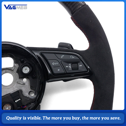 Carbon Fiber Semi‑Alcantara Suede Sport Steering Wheel Red Contrast Stitching Red Center Mark Chrome Paddle Shifters Buttons Not Included For Audi A4 B9