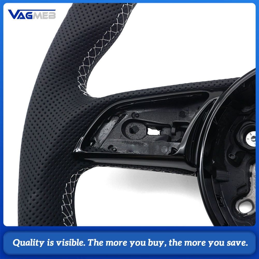 Sport Contoured Steering Wheel For Audi A4 B9, Half‑Perforated Leather White Stitching White Centering Mark, No Shift Paddles