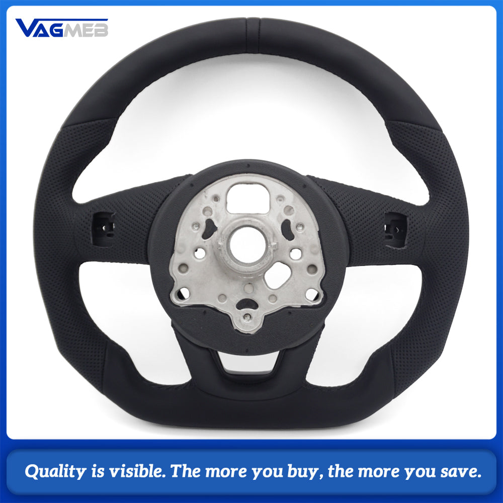 For Audi A4 B9 RS Logo Half Perforated Black Leather Steering Wheel Black Stitch No Paddle No Button