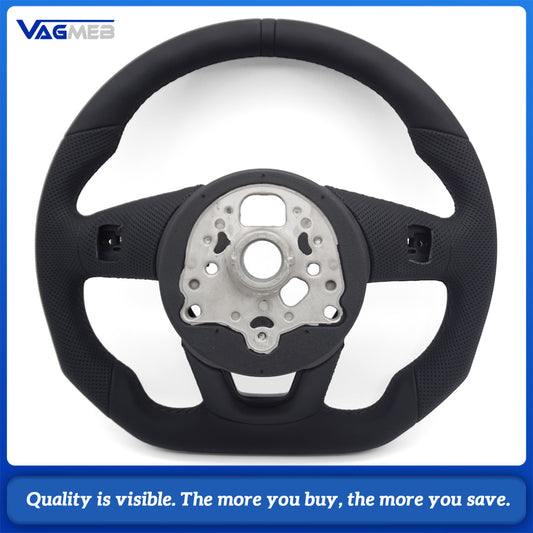 For Audi A4 B9 RS Logo Half Perforated Black Leather Steering Wheel Black Stitch No Paddle No Button