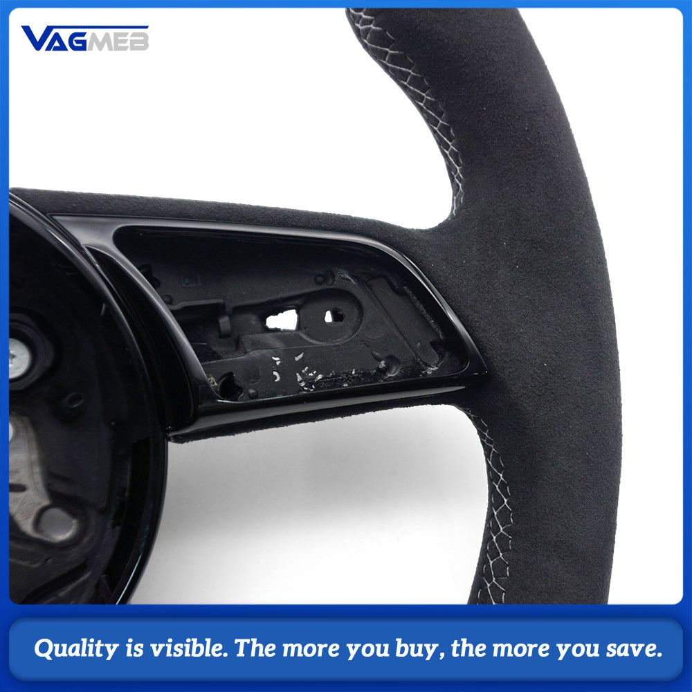 Modified Steering Wheel For Audi A4 B9, Semi Alcantara & Carbon Fiber, White Stitch, Blue Top Marker, RS Emblem
