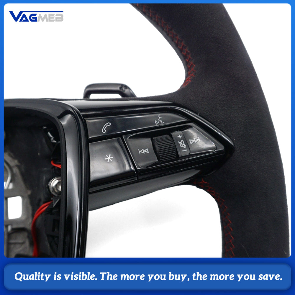 Sport Steering Wheel Gloss Black Carbon Fiber Half‑Alcantara Red Stitching For Audi A6 C8, Multifunction Buttons Shift Paddles Heated Function