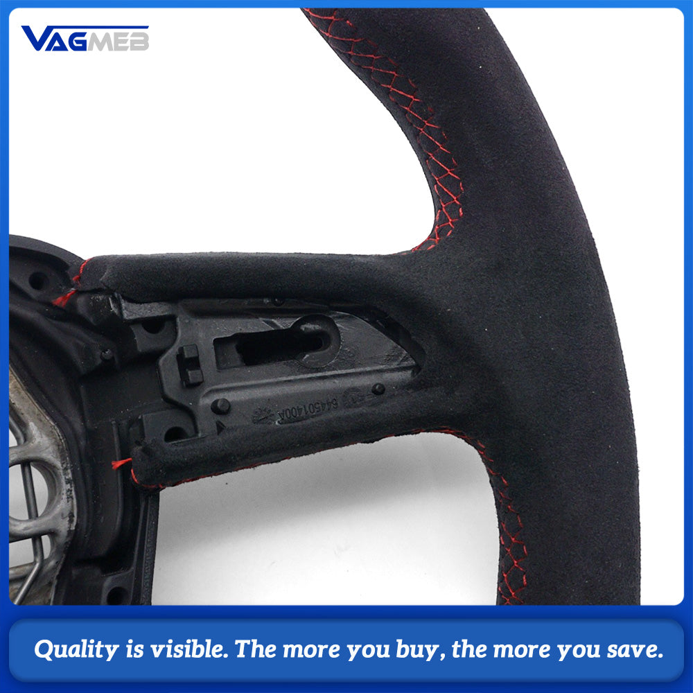 For Audi Q3 Steering Wheel, Gloss Black Finish, Full Alcantara, Red Stitching, Red Return Marker, Without Buttons and Paddle Shifters