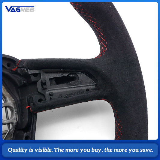 For Audi Q3 Steering Wheel, Gloss Black Finish, Full Alcantara, Red Stitching, Red Return Marker, Without Buttons and Paddle Shifters