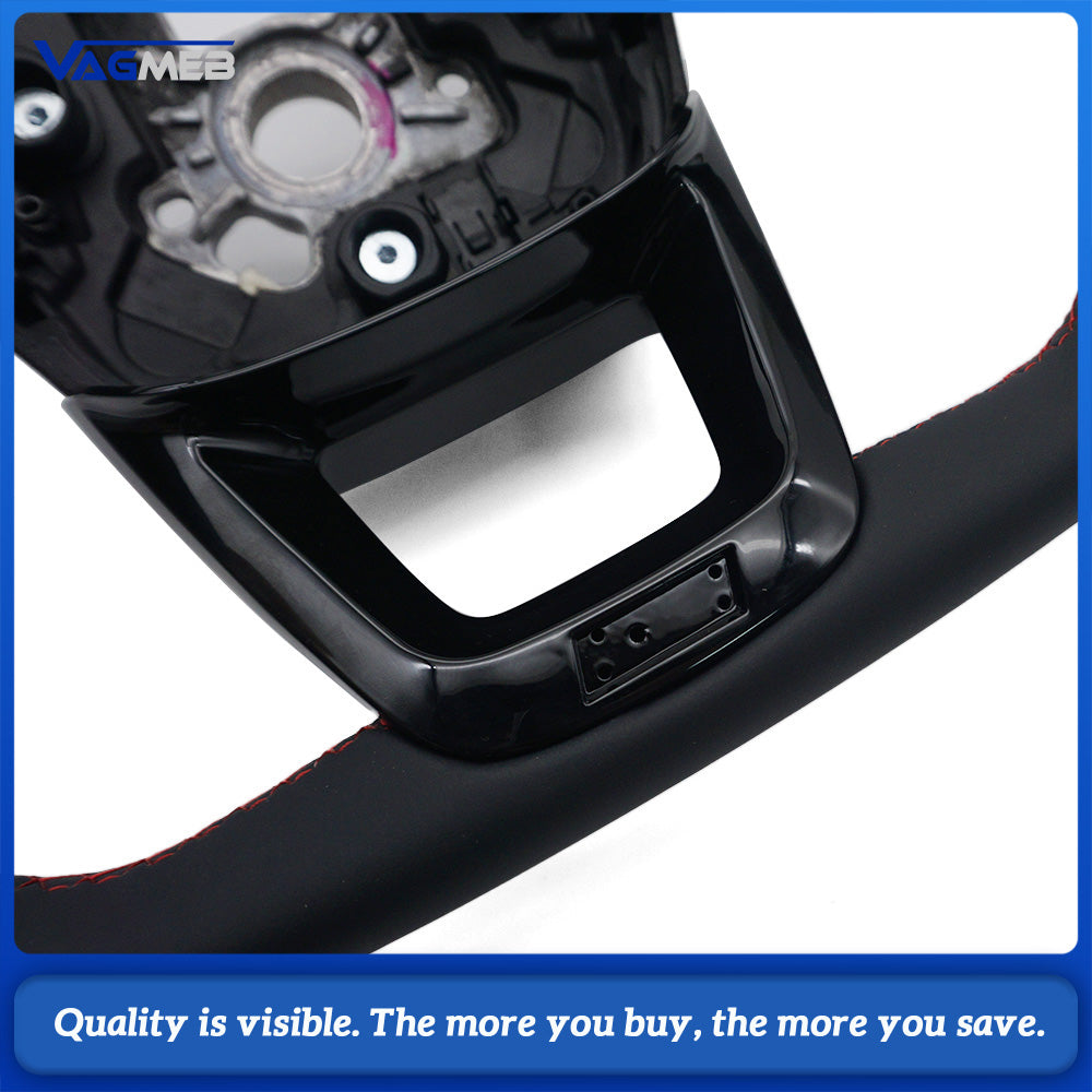 For Audi Q5FY Gloss Black Half Perforated Leather Steering Wheel, Red Stitching Steering Wheel Without Shift Paddles and Buttons