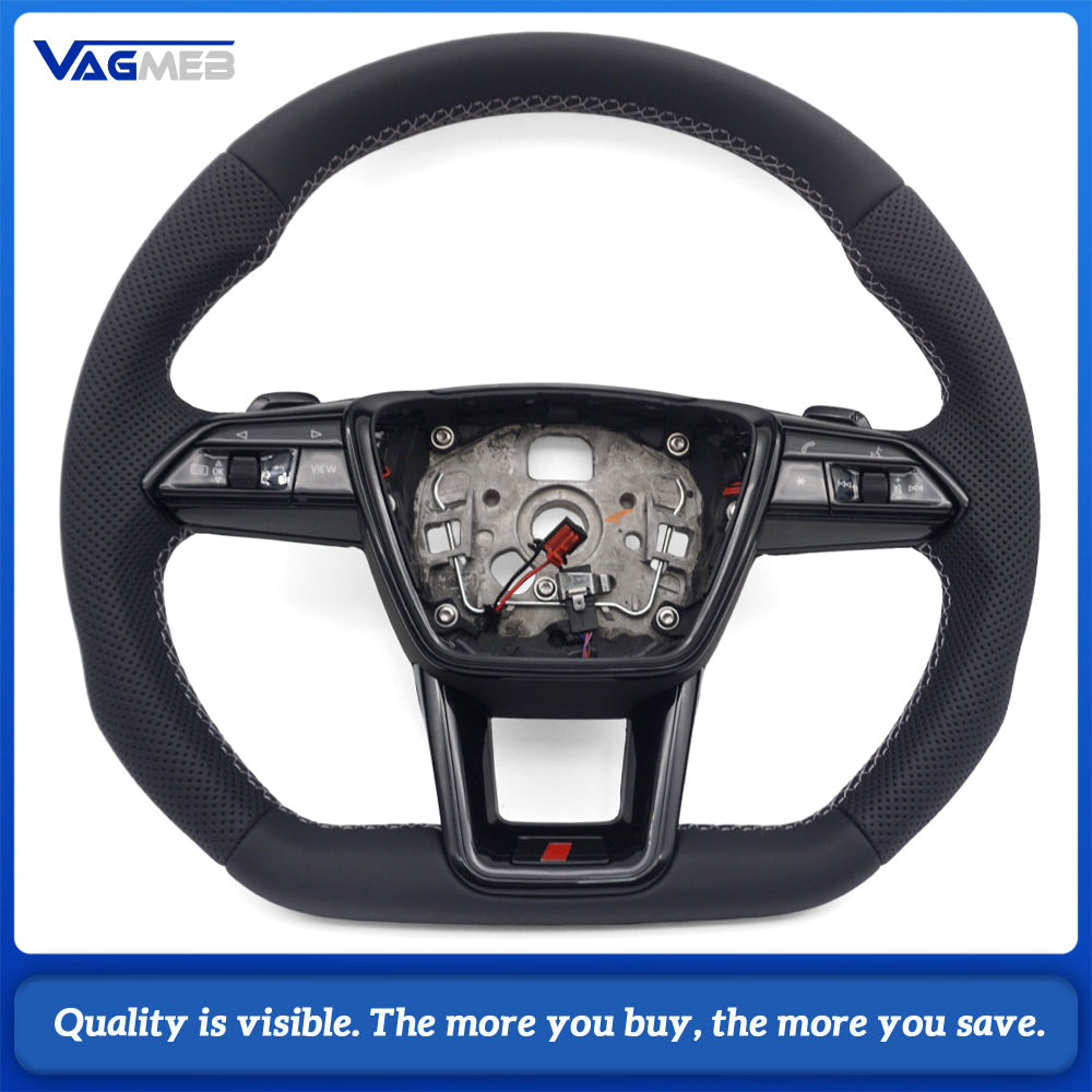 For Audi A6 C8 S Line Heated Steering Wheel Half Perforated Leather White Stitch Flat Bottom Hands Off Decoder