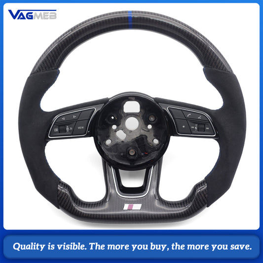 For Audi A4 B9 S Line Carbon Fiber Steering Wheel Half Alcantara Blue Stitch Blue Marker Buttons Airbag Assembly