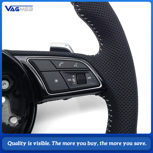Half Perforated Leather Steering Wheel Fit for Audi A4 B9, White Stitching, With Buttons & Chrome Shift Paddles