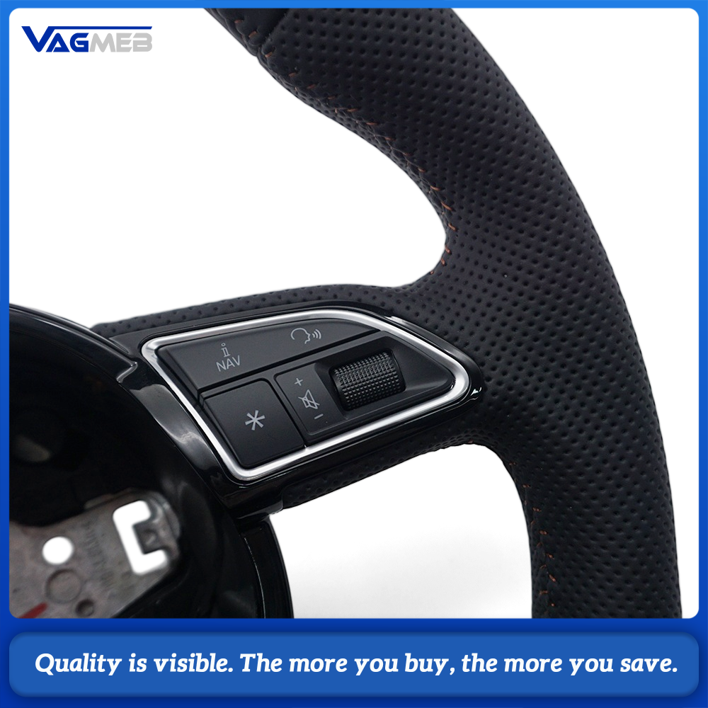 Car Steering Wheel Half Perforated Leather Brown Stitching With Control Buttons Without Paddle Shifters Replacement For Audi A4 B8