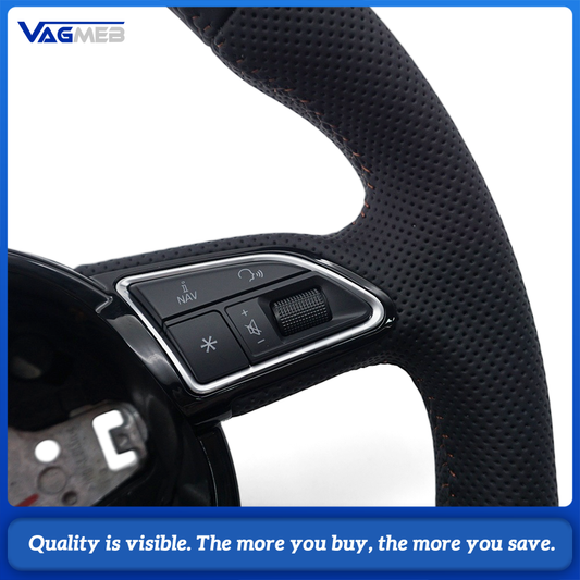 Car Steering Wheel Half Perforated Leather Brown Stitching With Control Buttons Without Paddle Shifters Replacement For Audi A4 B8