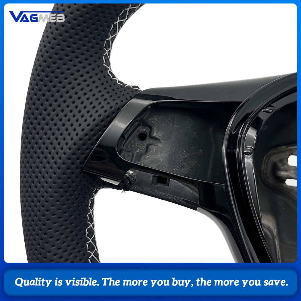 Car Sport Steering Wheel Base Fit For VW Multivan T6, Half Perforated Leather, White Stitch, Comes with Gloss Black Decorative Button Frame