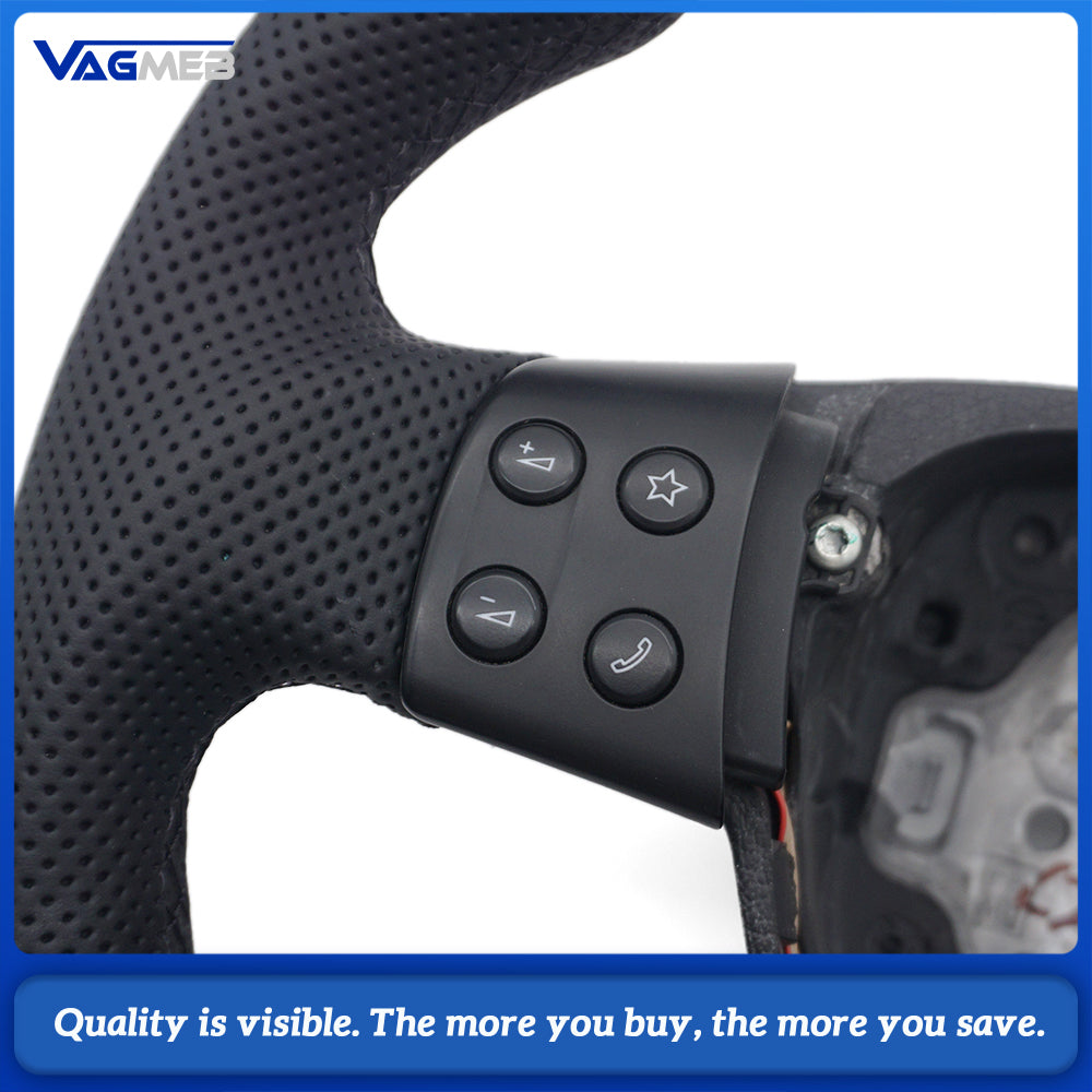 VW Golf MK5 Semi Perforated Leather Steering Wheel, Black Stitching With Control Buttons, Without Shift Paddles Retrofit Replacement