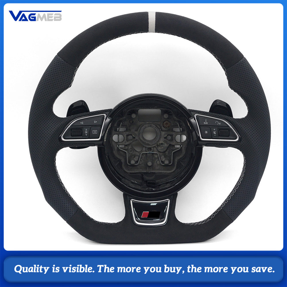 RS Sport Steering Wheel For Audi A6 C7 Alcantara Half Perforated White Stitch White 12 O'clock Marker With Buttons Chrome Shift Paddles Heated Optional