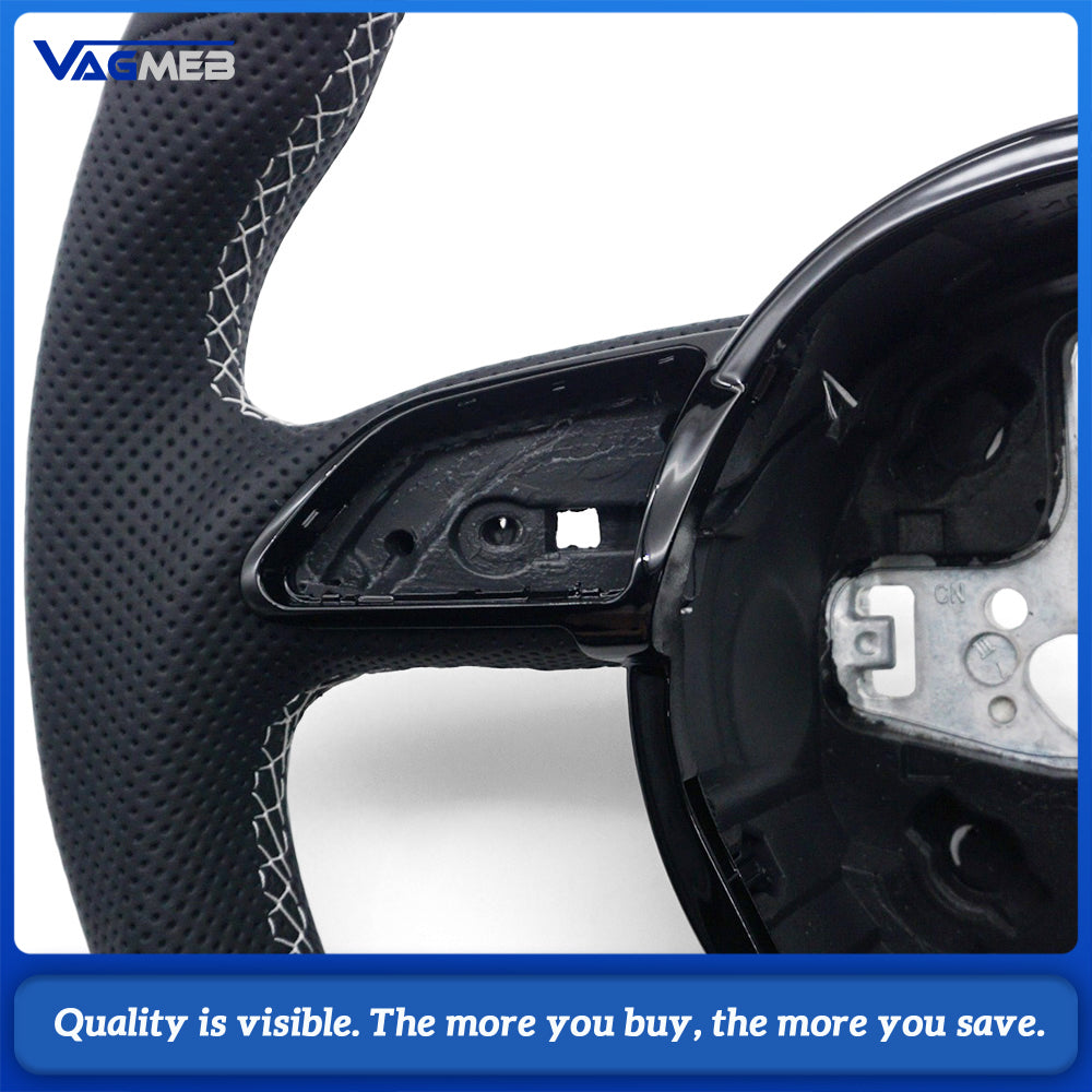Semi‑Perforated Leather Steering Wheel White Stitching Black Center Mark No Paddle Shifters For Audi A4 B8
