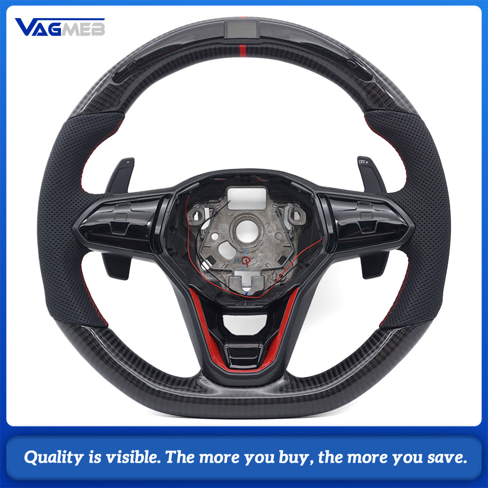 Car Sport LED Carbon Fiber Steering Wheel For VW Golf 8 MK8, Half Perforated Leather, Red Stitch, Red 12 O’Clock Center Mark, Equipped with Multi-function Buttons & Gear Shift Paddles