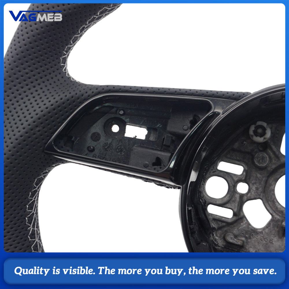 For Audi A38Y S Sport Steering Wheel With S Badge Shaped Bottom Base Half Perforated Leather Upper Lower Alcantara Cover White Thread Green Recenter Mark Modified Interior Steering Wheel