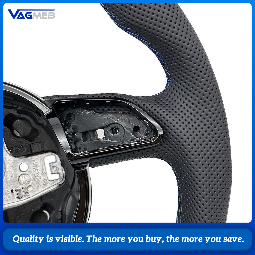 Sculpted Flat‑Bottom Sport Steering Wheel Top & Bottom Alcantara Left‑Right Perforated Leather Blue Stitching Blue Center Mark No Paddles Buttons Not Included For Audi A4 B8