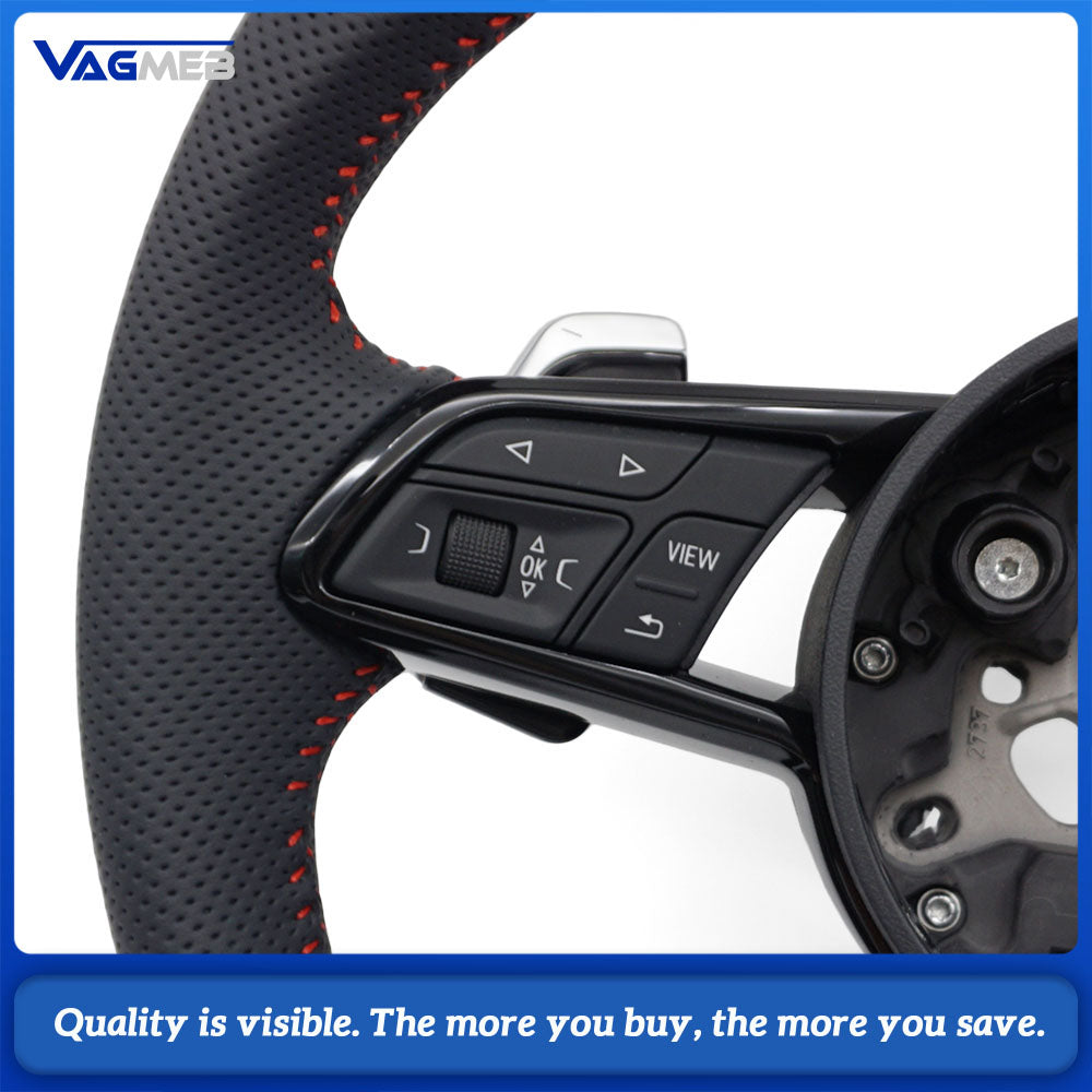 For Audi R8 Style RS Steering Wheel Half Perforated Red Stitch With Buttons & Shift Paddles