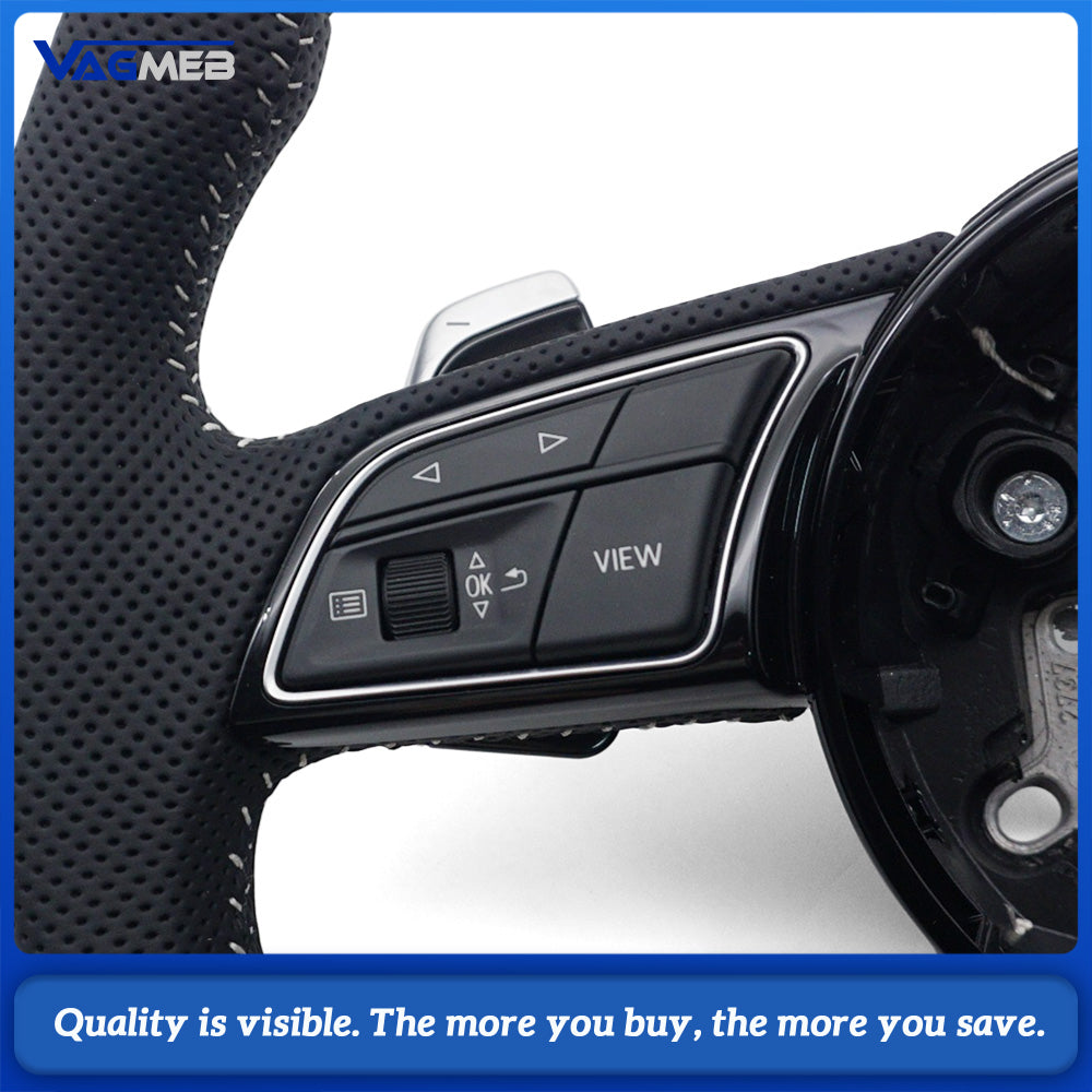 Half Perforated Leather Steering Wheel Fit for Audi A4 B9, White Stitching, With Buttons & Chrome Shift Paddles