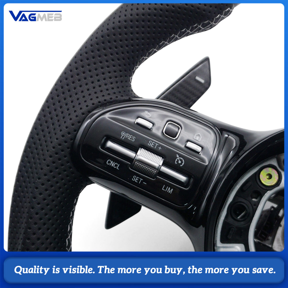 Car AMG Style Carbon Fiber Half Perforated Leather Steering Wheel White Stitching White Center Marker With Control Buttons And Large Paddle Shifters For Mercedes Benz