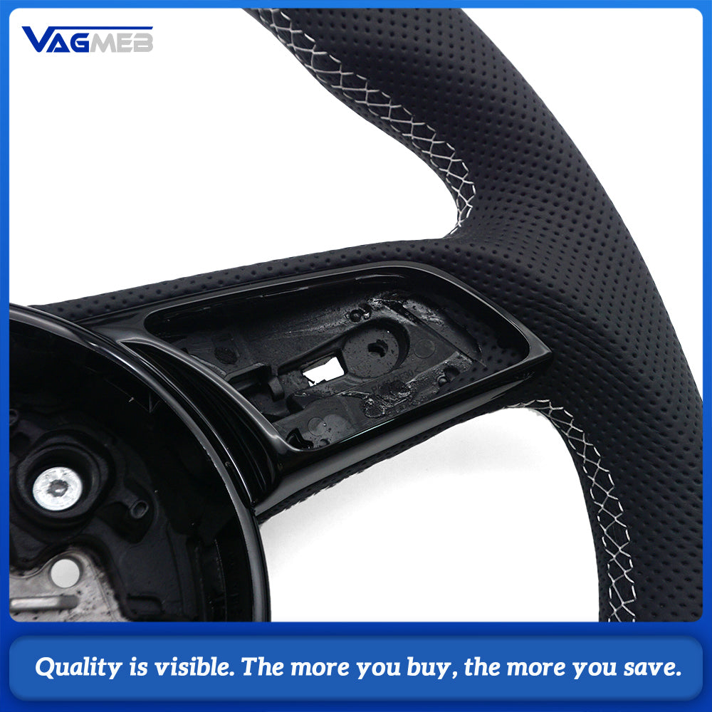 Sport Contoured Steering Wheel For Audi A4 B9, Half‑Perforated Leather White Stitching White Centering Mark, No Shift Paddles