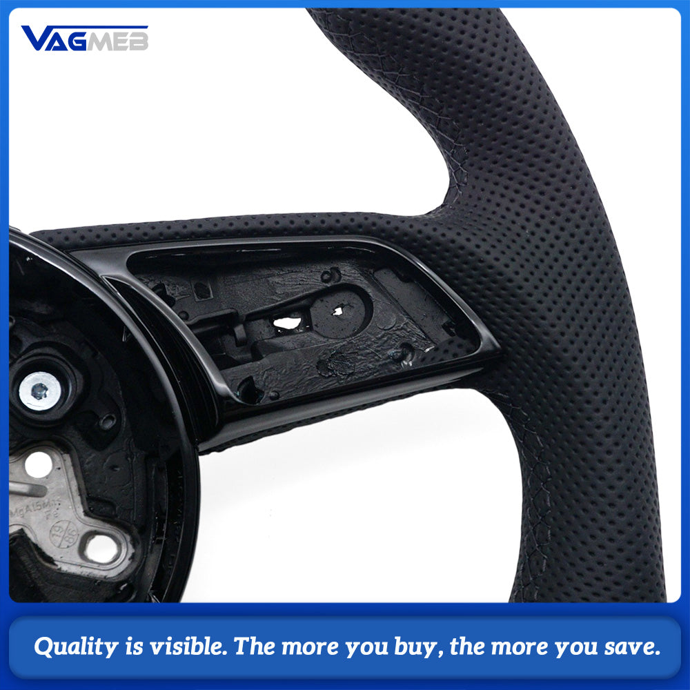For Audi A4 B9 Shaped Steering Wheel, Half Perforated Leather Black Stitching Black Centering Marker Without Control Buttons and Shift Paddles