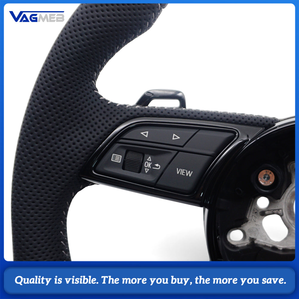 For Audi A4 B9 S-Line Half Perforated Steering Wheel White Stitching Blackened With Buttons Paddle Shifter